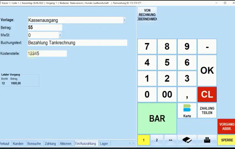 Abrechnung & Kassenmanagement / Einzahlung/Auszahlung