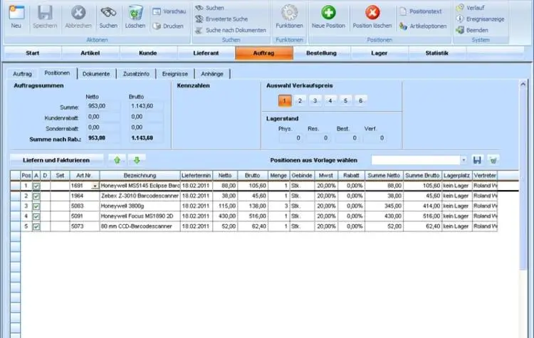 Auftragsmodul Positionen